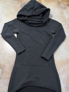 Una Pluma Forest Green Organic Cotton Hooded Cowl Sweater Dress Raw Hem Size M